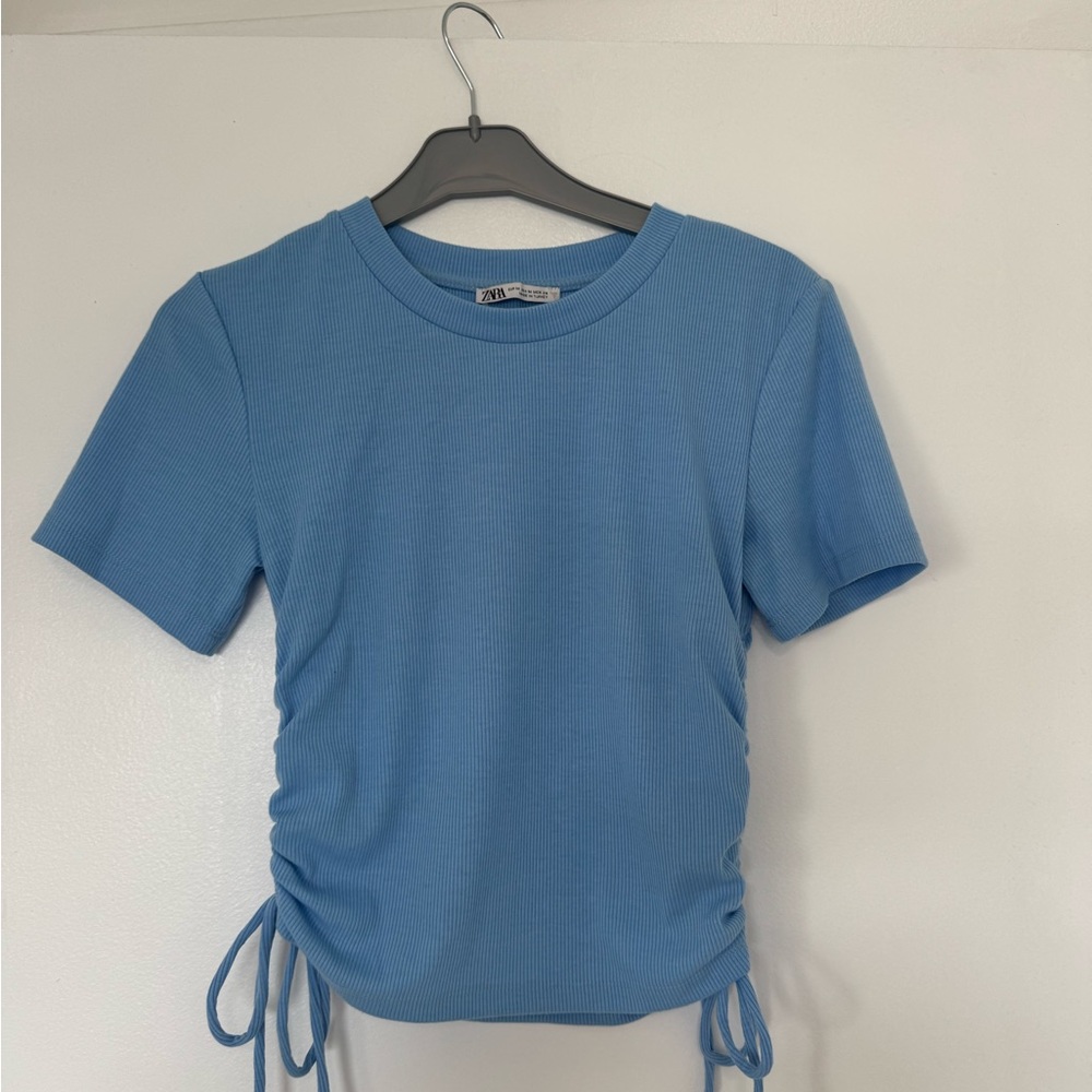 Blue Ribbed Short Sleeve Top